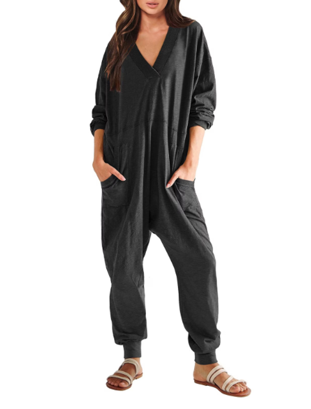 Free People Just Because One Piece Cotton Long Slv Jumpsuit Harem L Pockets Boho